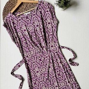 Boden Jersey Tie Cap Sleeve Purple Ikat Dress